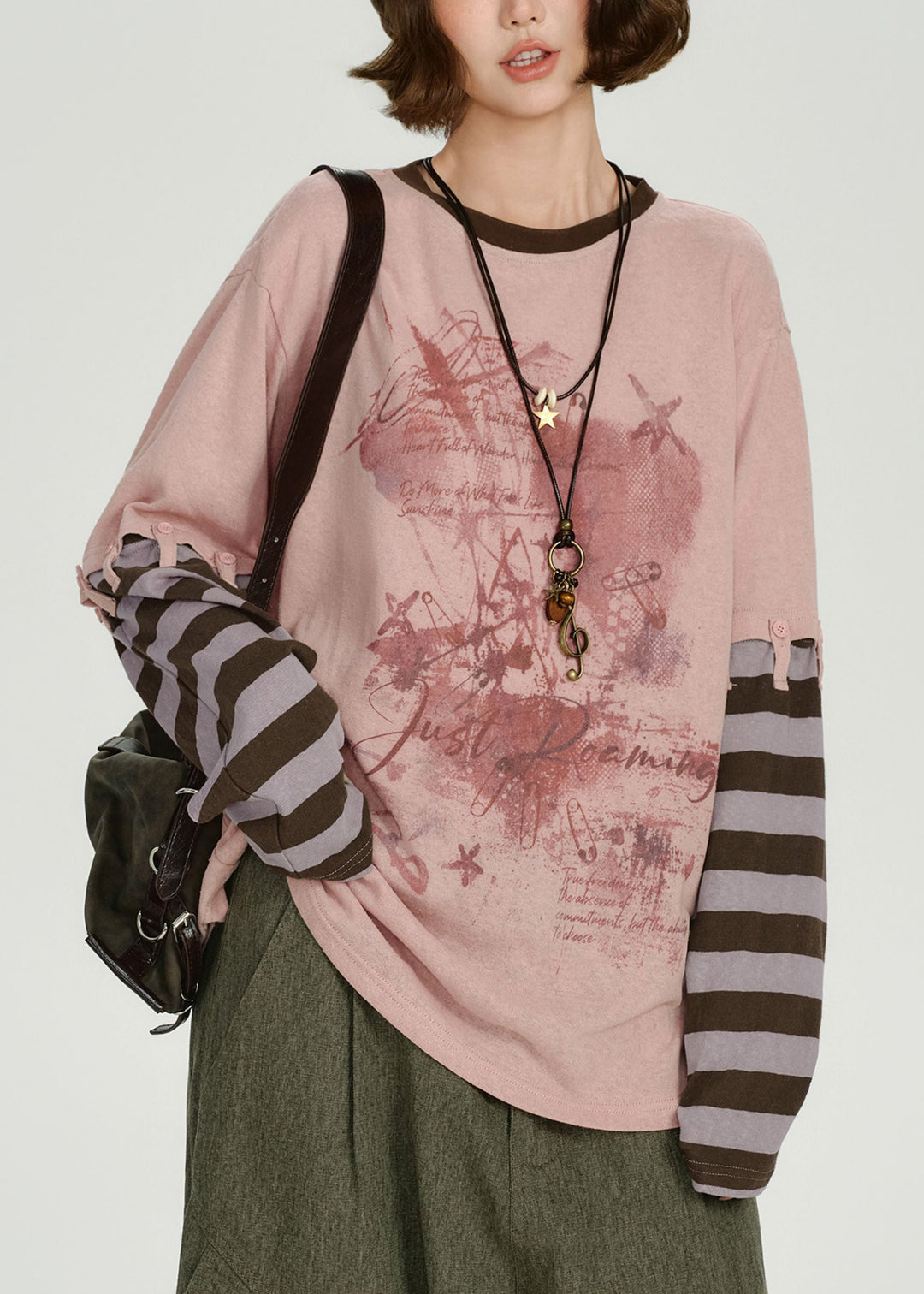 Diy Pink Oversized Patchwork Cotton Fake Two Piece Pullover Spring