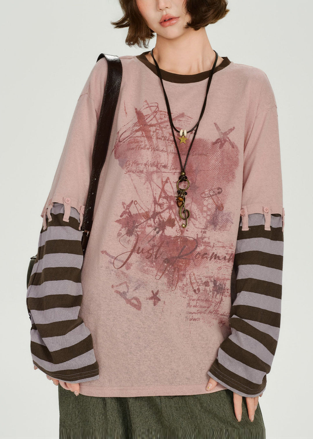 Diy Pink Oversized Patchwork Cotton Fake Two Piece Pullover Spring