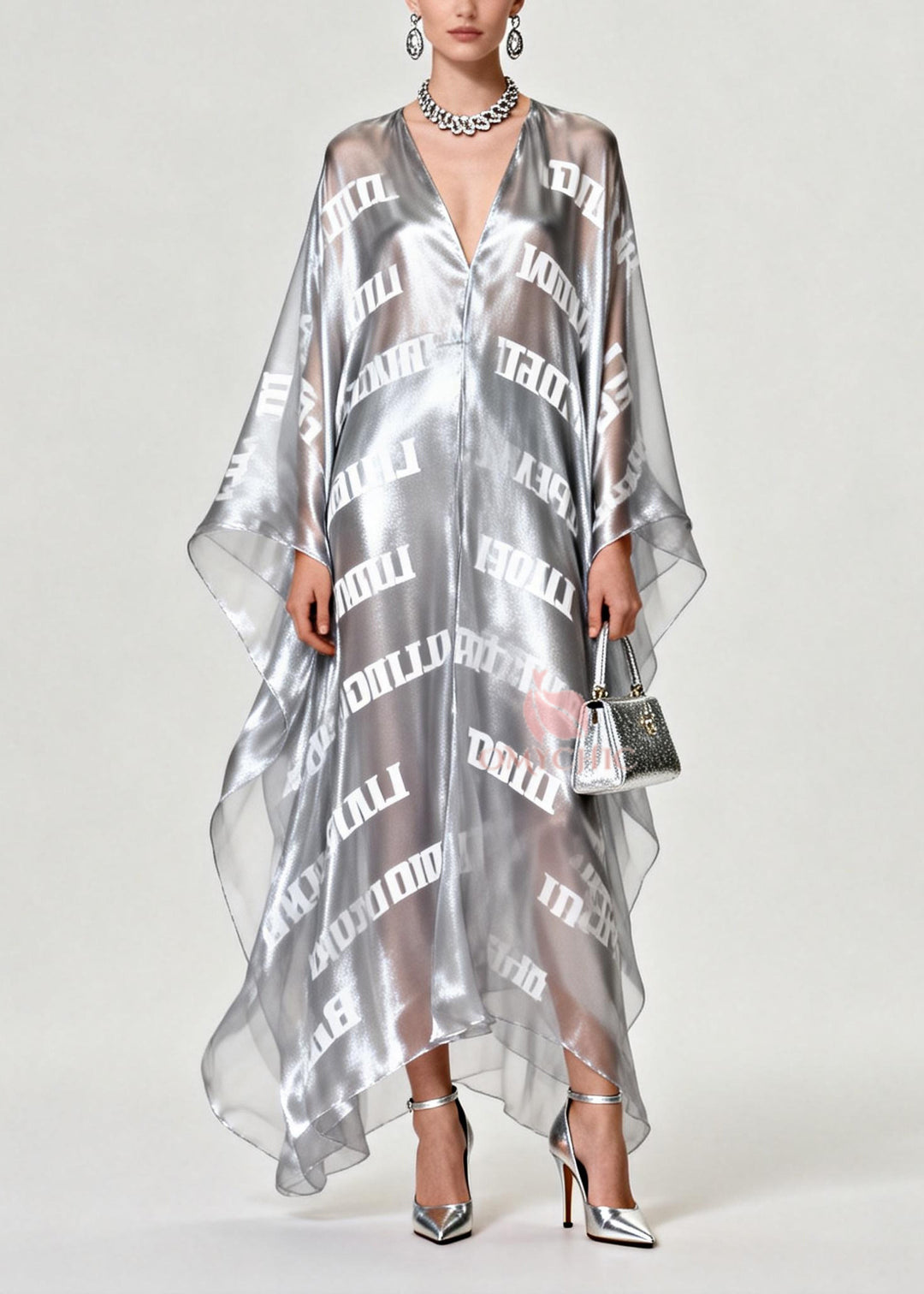 Diy Silvery Oversized Letter Print Chiffon Maxi Dress Summer