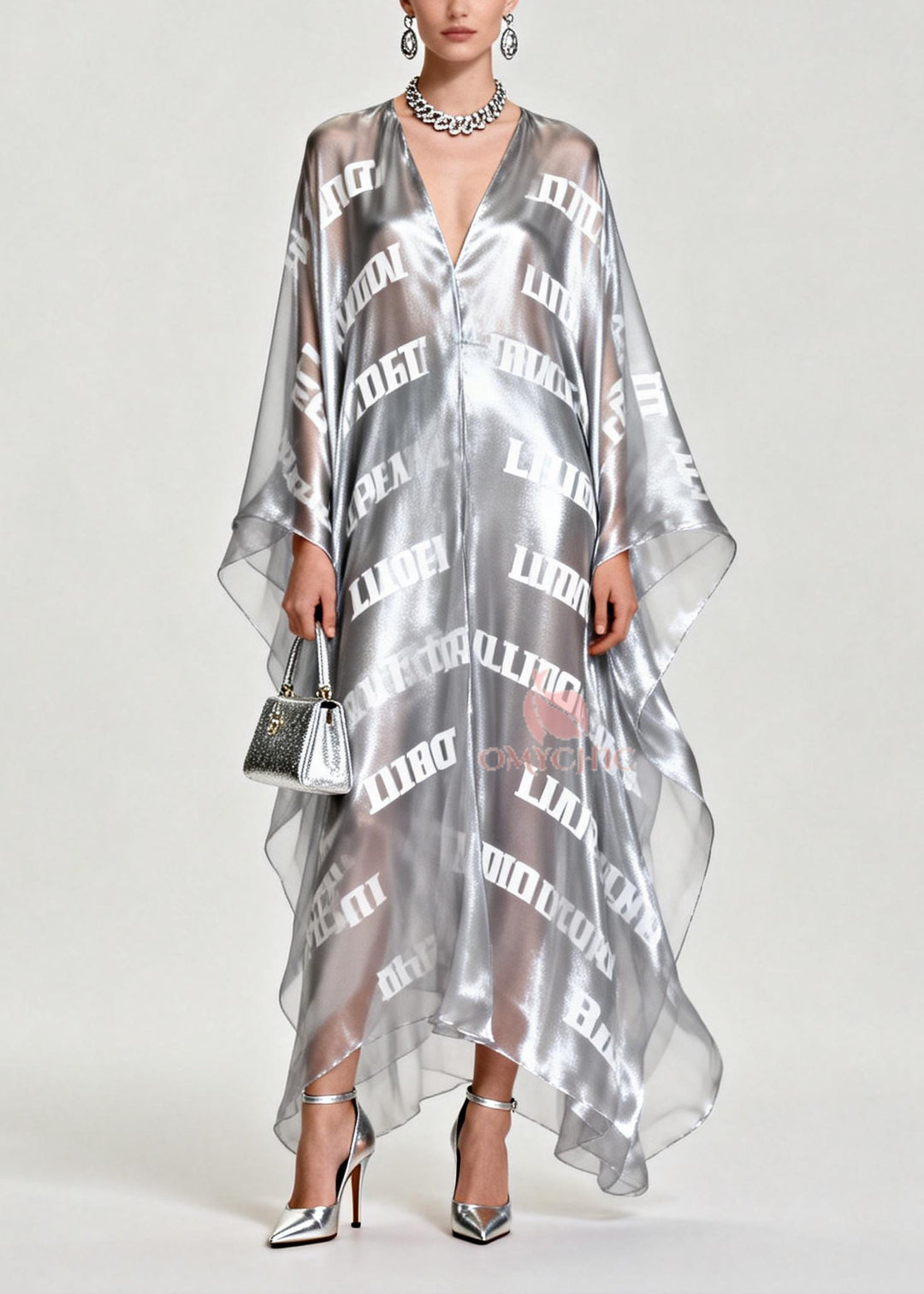Diy Silvery Oversized Letter Print Chiffon Maxi Dress Summer