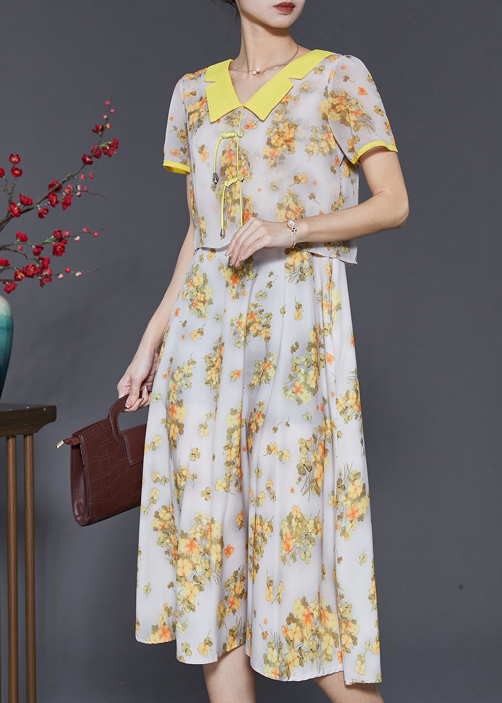 Diy Yellow Tasseled Print Draping Chiffon Long Dress Summer
