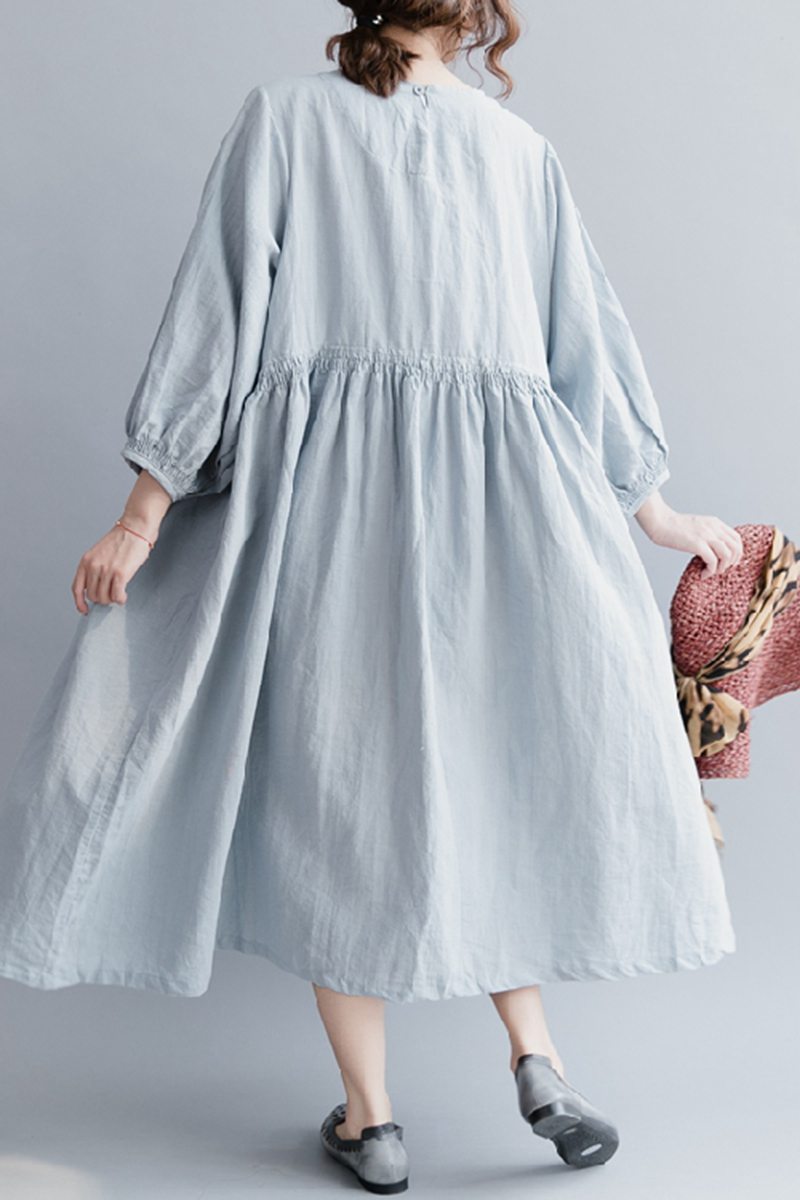 Light Blue Women Long Dresses Cotton Linen Loose Lady Dress