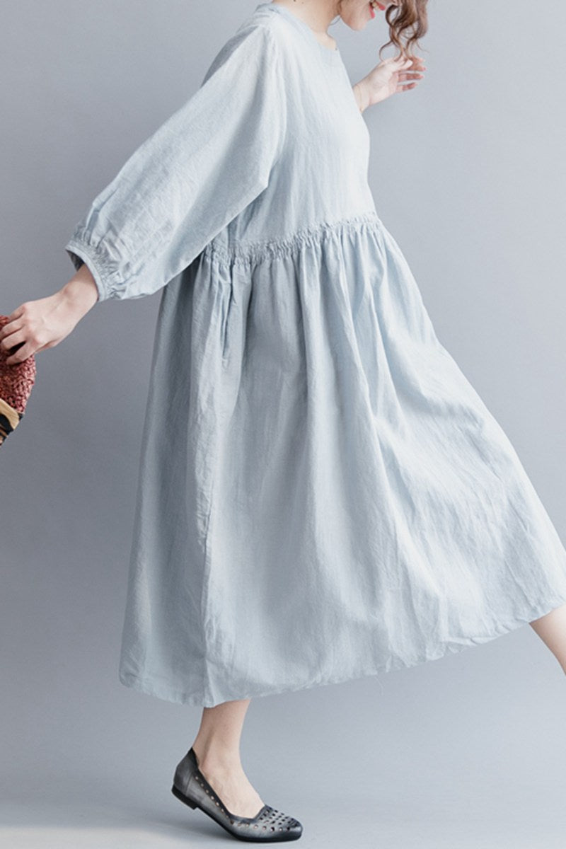Light Blue Women Long Dresses Cotton Linen Loose Lady Dress