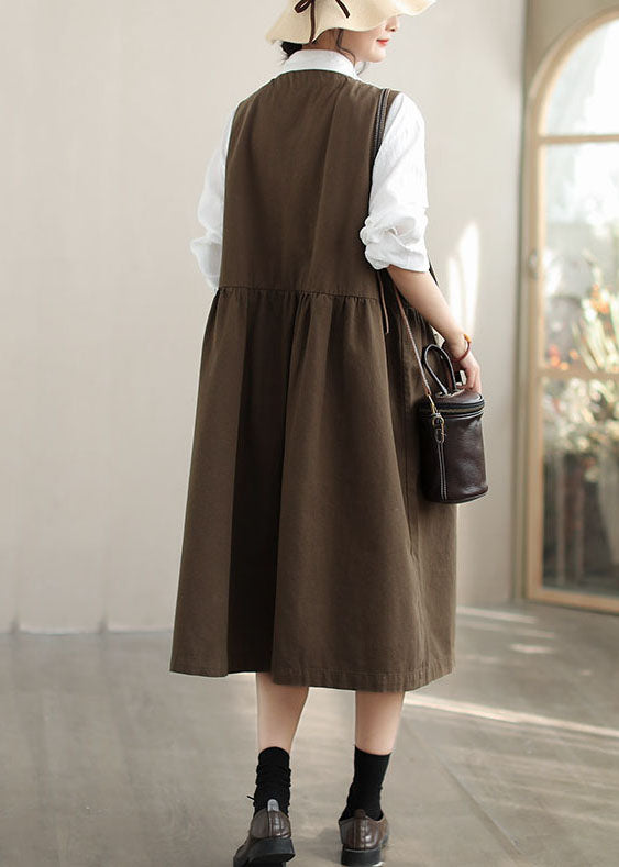 Dull Green Cotton Holiday Dress Oversized Pockets Fall