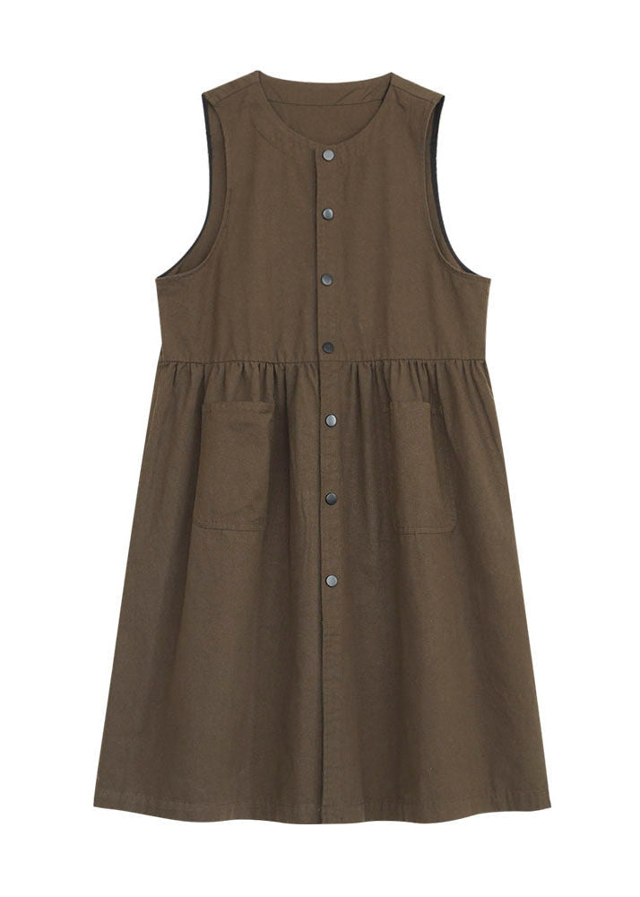 Dull Green Cotton Holiday Dress Oversized Pockets Fall