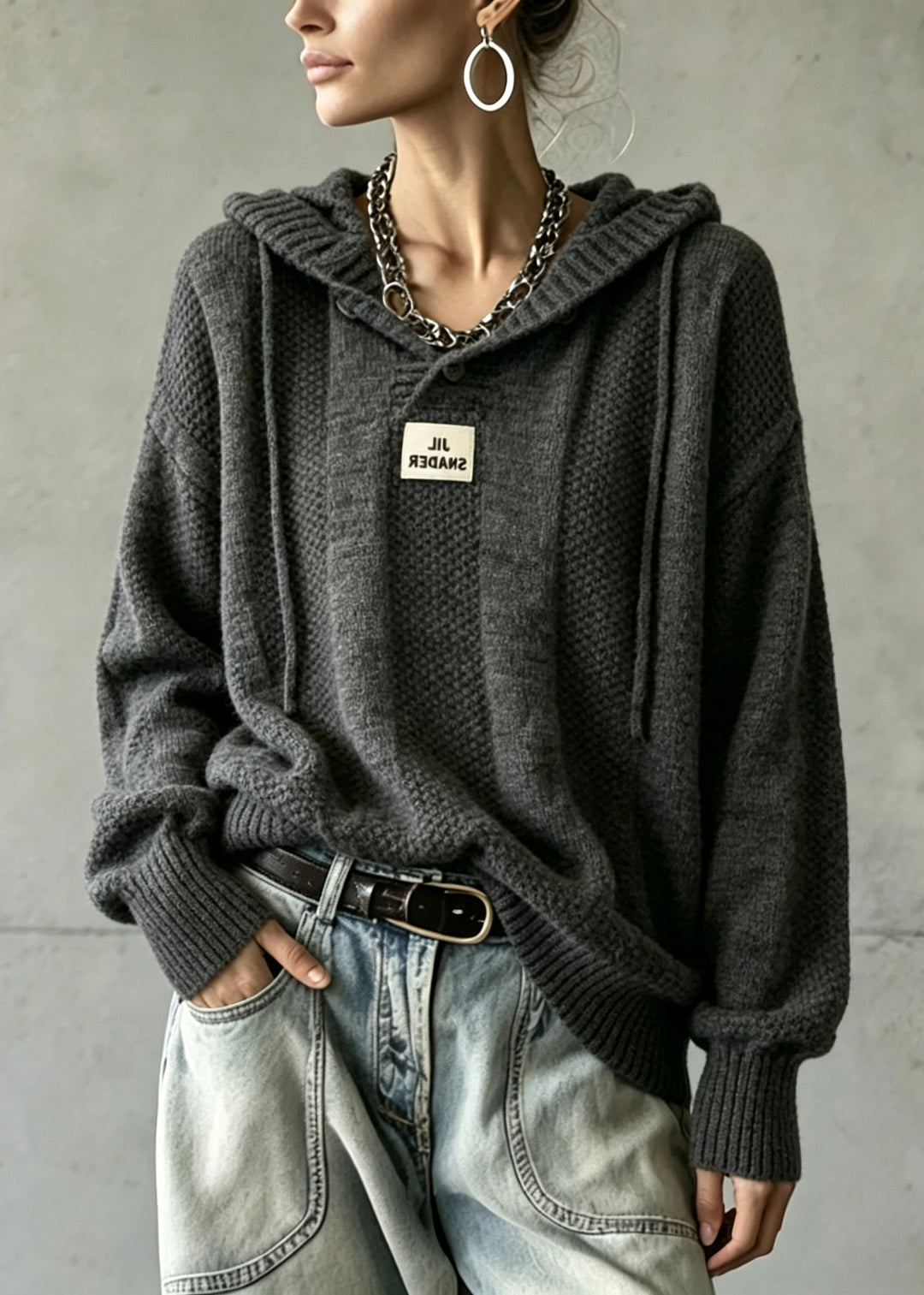 Dull Grey Loose Knit Pullover Hooded Winter