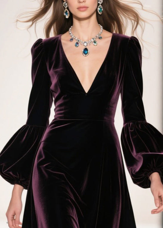 Dull Purple Patchwork Silk Velvet Maxi Dresses Deep-V Neck Lantern Sleeve