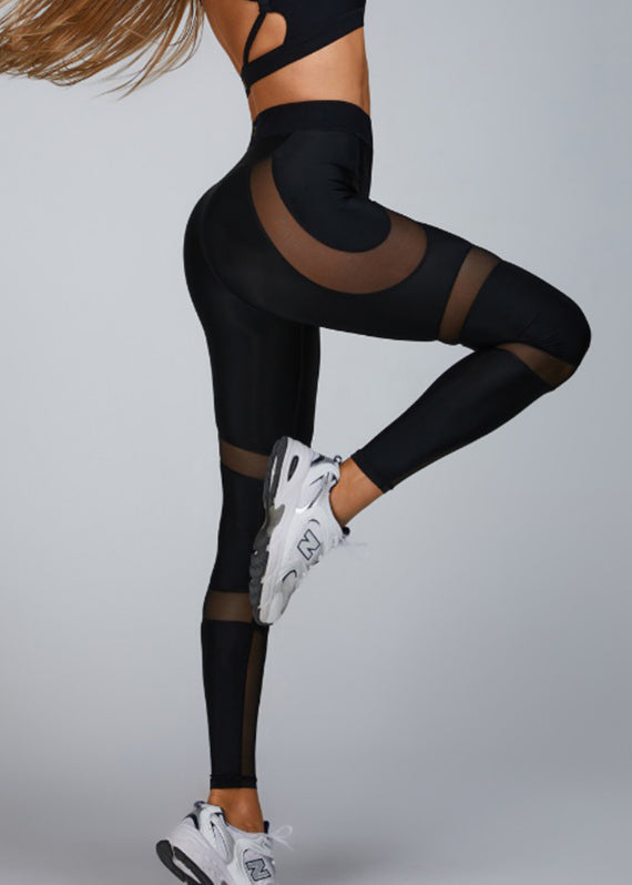Dynamic Black High Waist Tulle Patchwork Capri Running Leggings