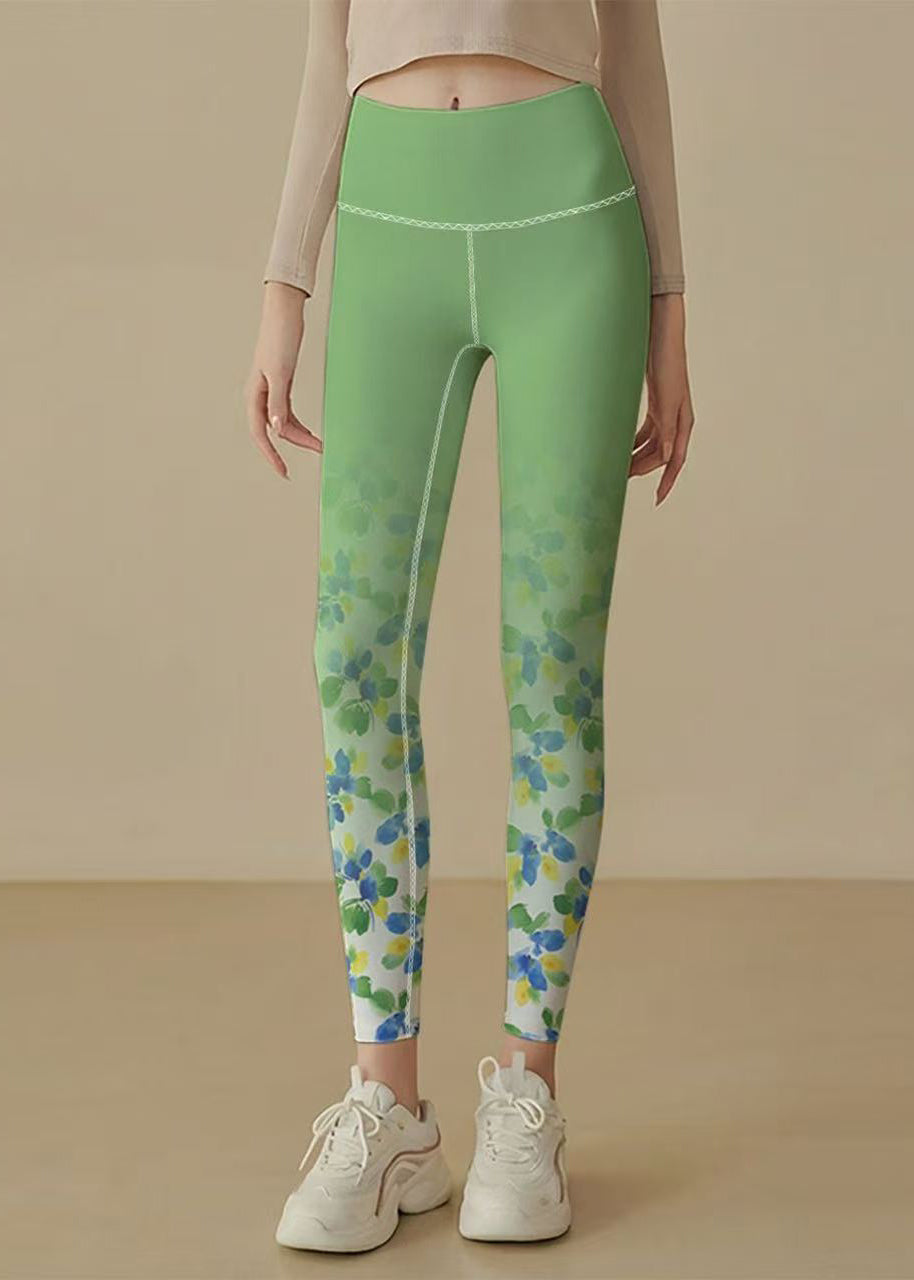 Dynamic Green Gradient Floral Print High Waist Super Stretch Capri Athletic Leggings