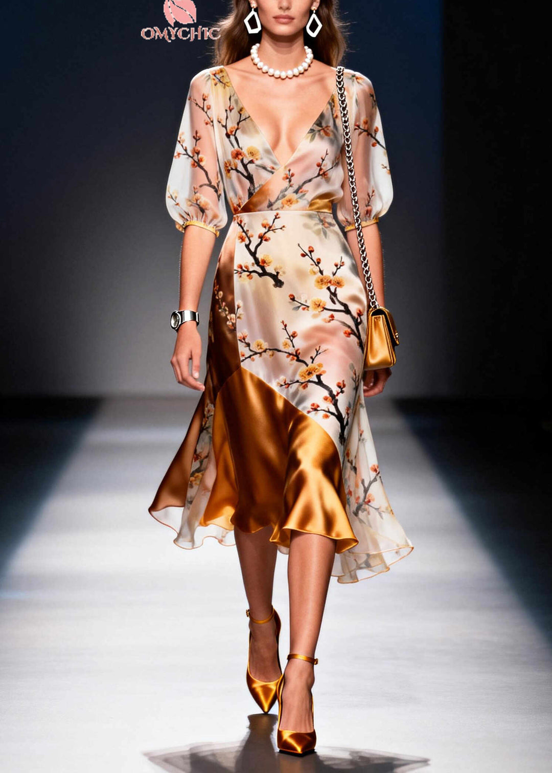 Elegant Apricot Asymmetrical Patchwork Print Chiffon Vacation Dresses Summer