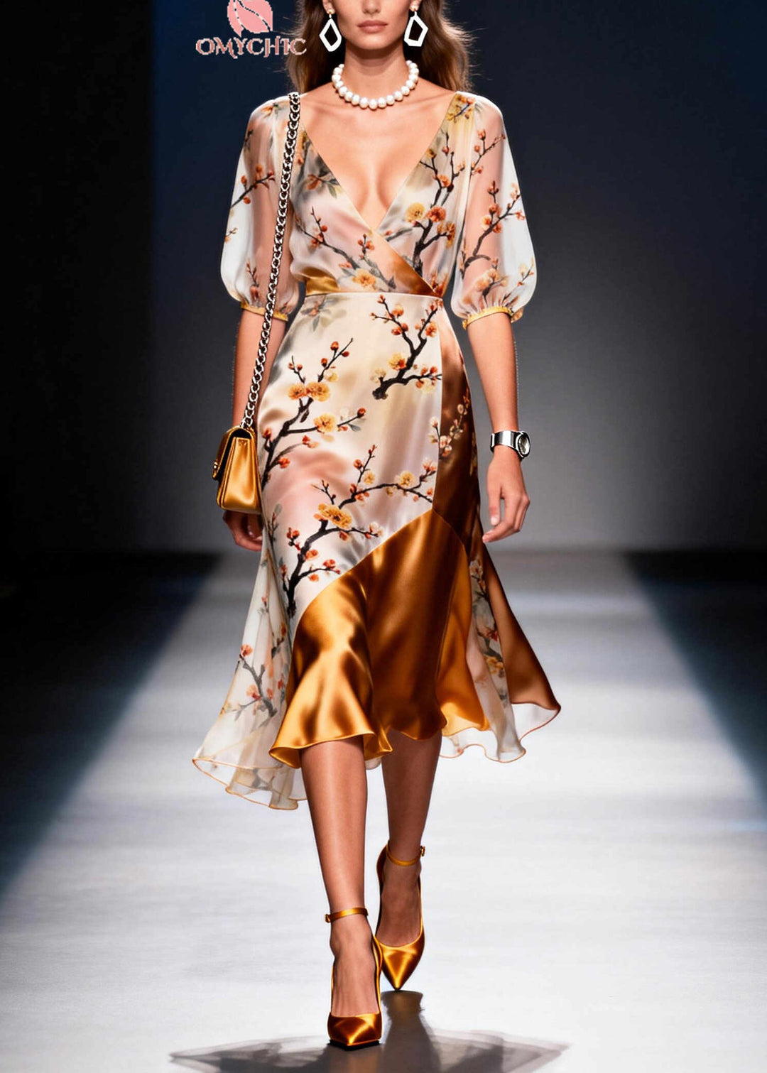 Elegant Apricot Asymmetrical Patchwork Print Chiffon Vacation Dresses Summer