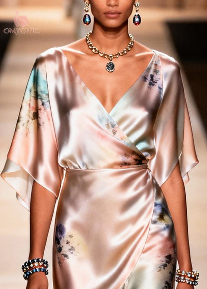 Elegant Apricot Asymmetrical Print Chiffon Party Dress Summer
