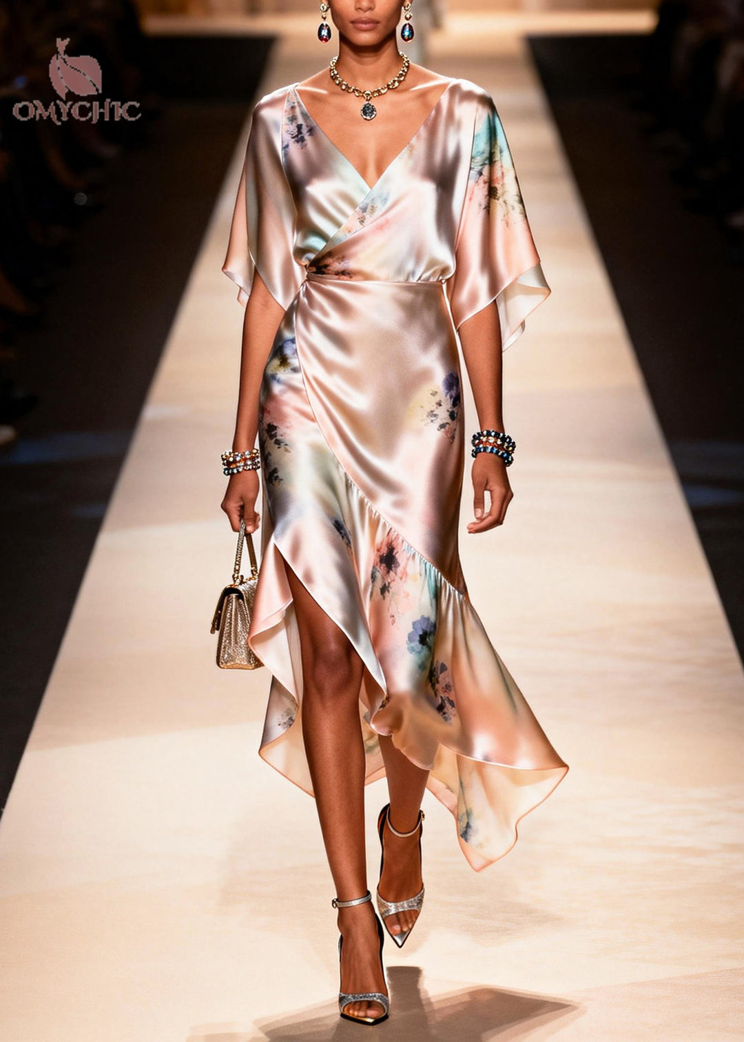 Elegant Apricot Asymmetrical Print Chiffon Party Dress Summer