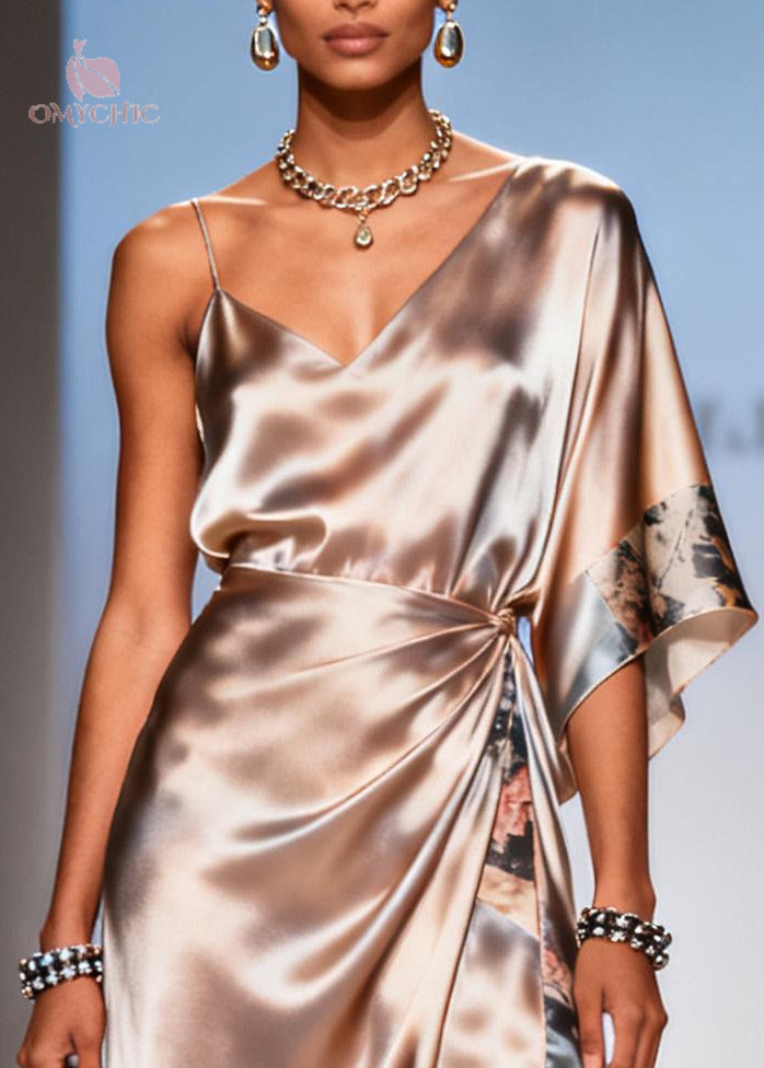 Elegant Apricot Asymmetrical Print Chiffon Sundress Summer