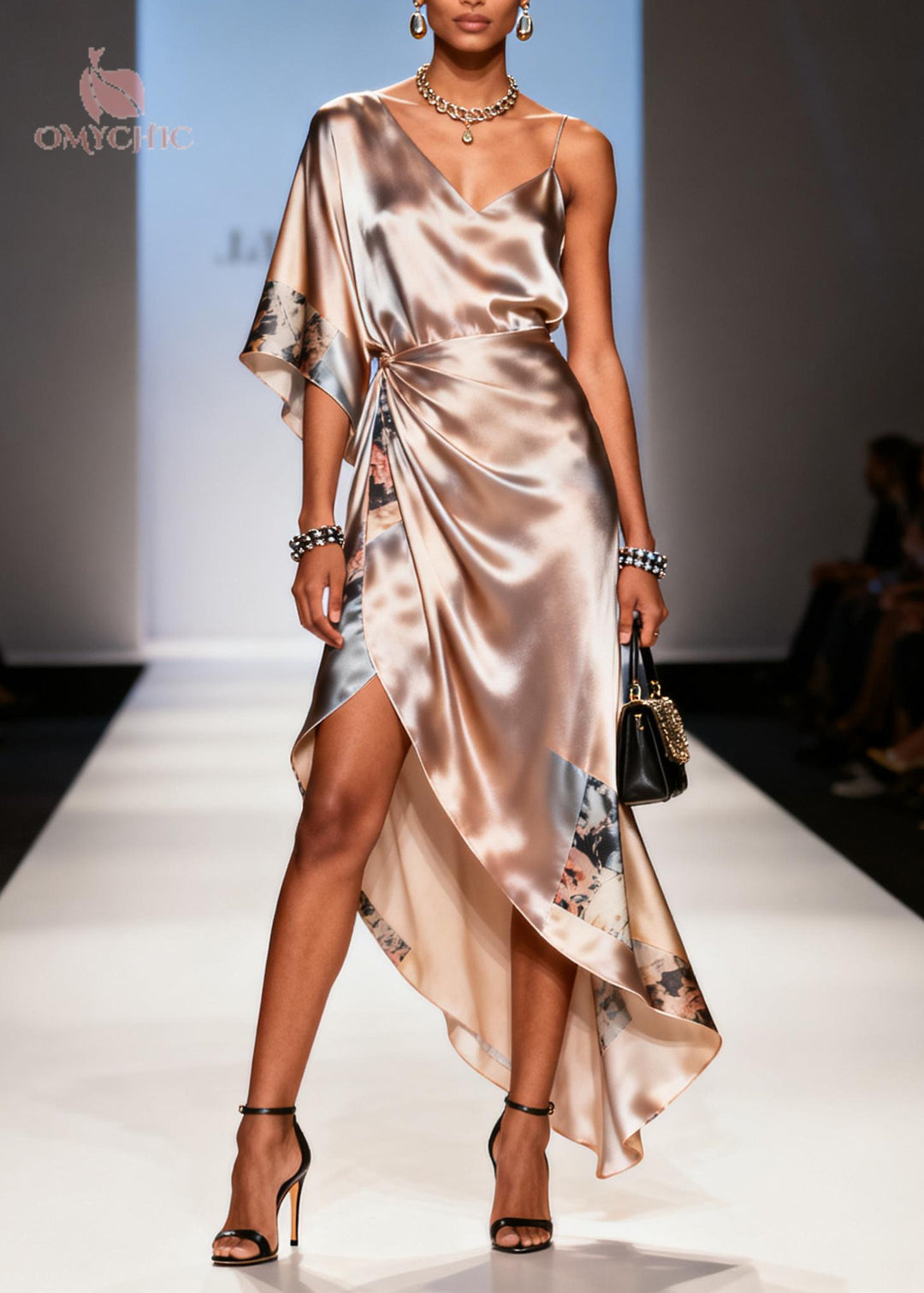 Elegant Apricot Asymmetrical Print Chiffon Sundress Summer