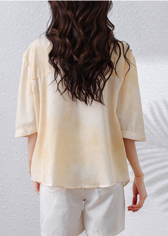 Elegant Apricot Drawstring Nail Bead Cotton Blouse Top Half Sleeve