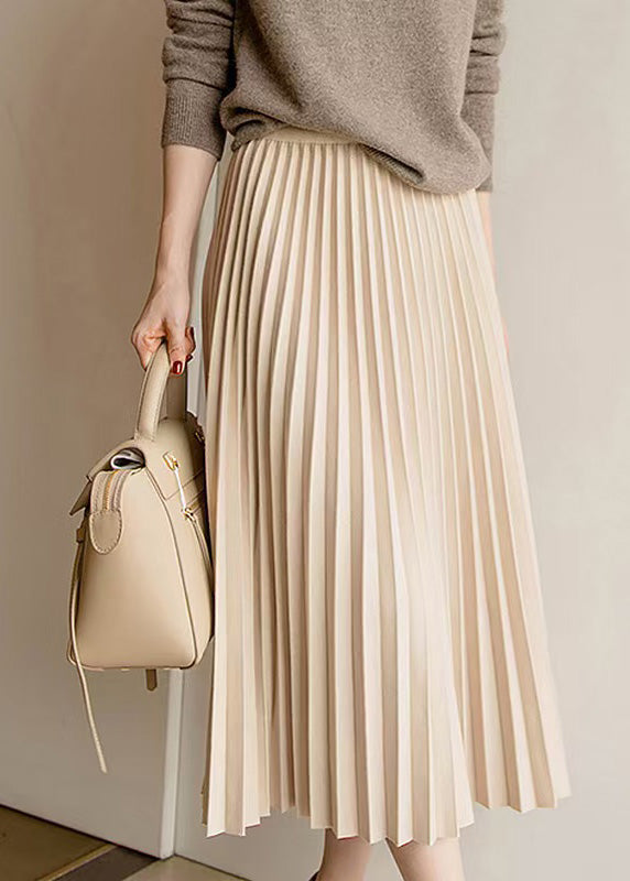 Elegant Apricot Elastic Waist Pleated Skirt Spring