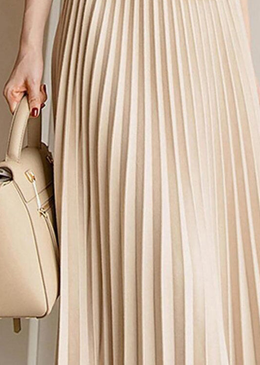 Elegant Apricot Elastic Waist Pleated Skirt Spring