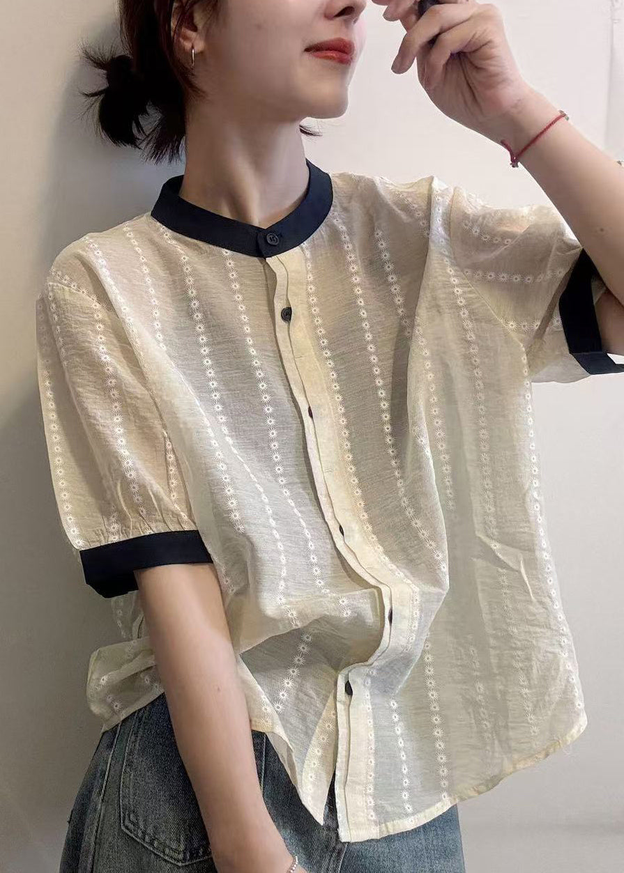 Elegant Apricot Embroidered Button Cotton Shirts Summer