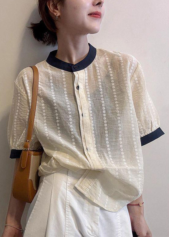 Elegant Apricot Embroidered Button Cotton Shirts Summer