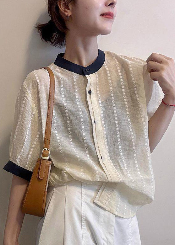 Elegant Apricot Embroidered Button Cotton Shirts Summer