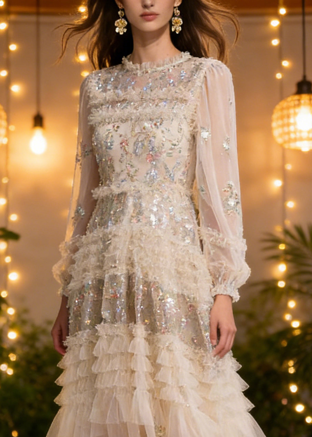 Elegant Apricot Embroidered Ruffled Patchwork Tulle Long Dresses Spring - Omychic