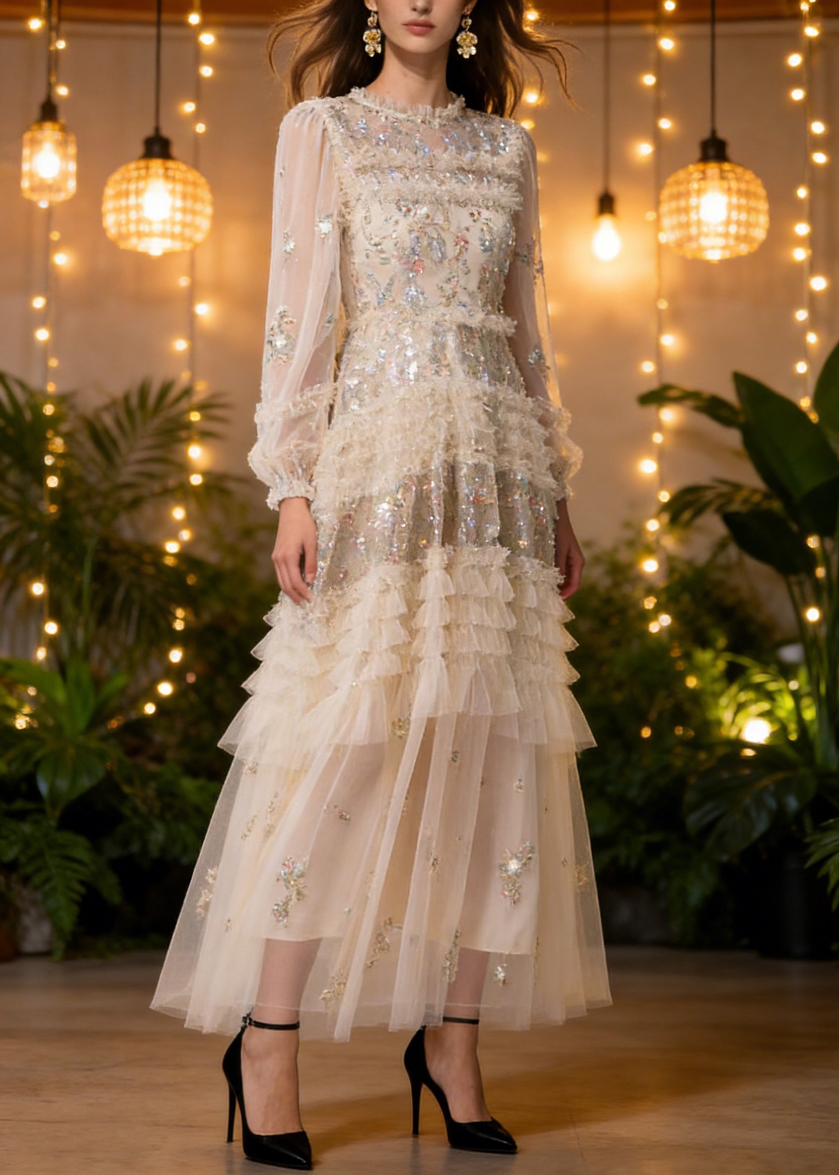 Elegant Apricot Embroidered Ruffled Patchwork Tulle Long Dresses Spring - Omychic