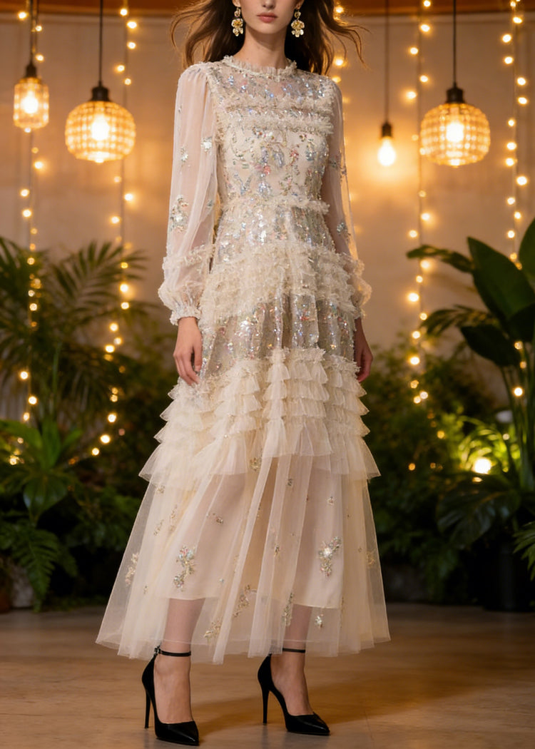 Elegant Apricot Embroidered Ruffled Patchwork Tulle Long Dresses Spring - Omychic