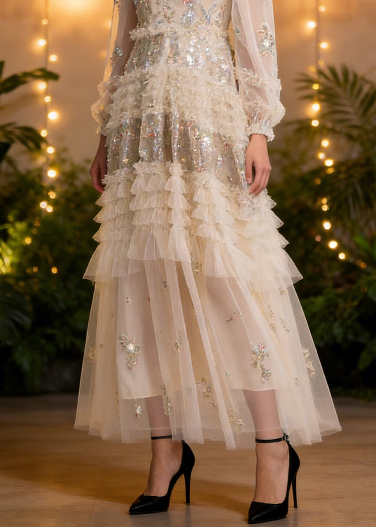 Elegant Apricot Embroidered Ruffled Patchwork Tulle Long Dresses Spring - Omychic