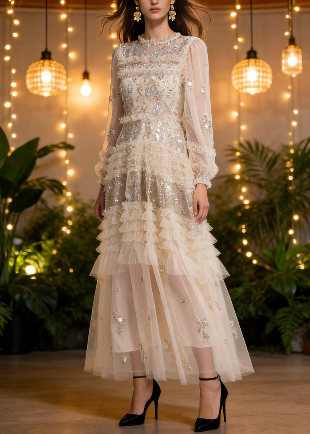 Elegant Apricot Embroidered Ruffled Patchwork Tulle Long Dresses Spring - Omychic