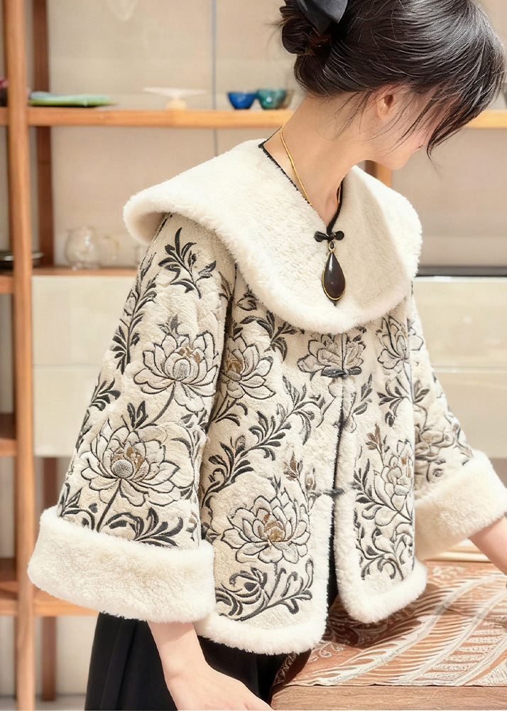 Elegant Apricot Fur Collar Embroidered Floral Coats Winter
