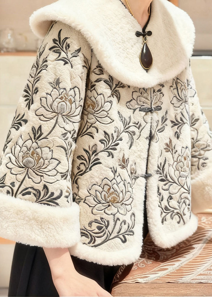 Elegant Apricot Fur Collar Embroidered Floral Coats Winter