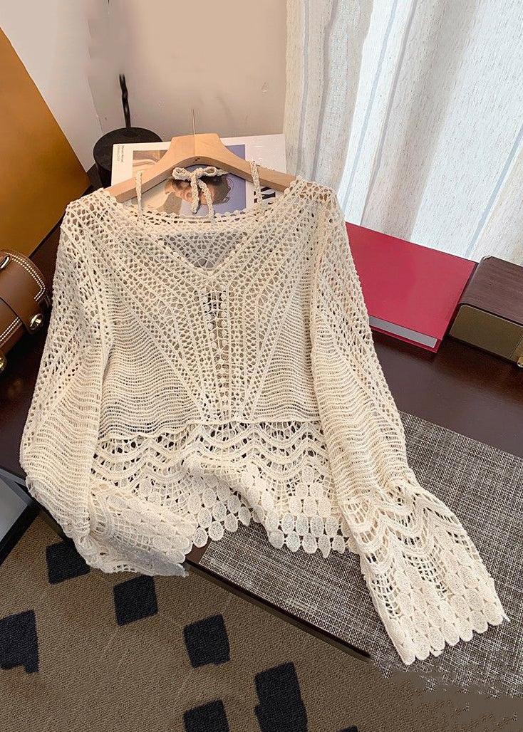 Elegant Apricot Hollow Out Lace Up Knit Two Pieces Set Spring