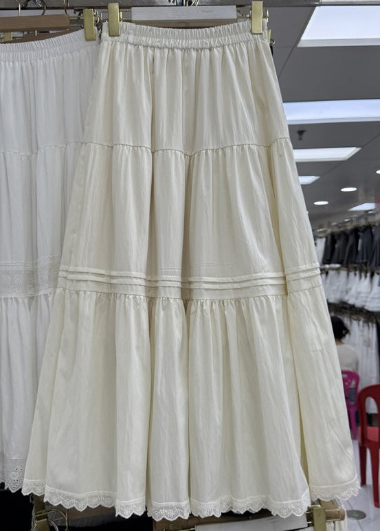 Elegant Apricot Lace Elastic Waist Patchwork Cotton Skirts Summer