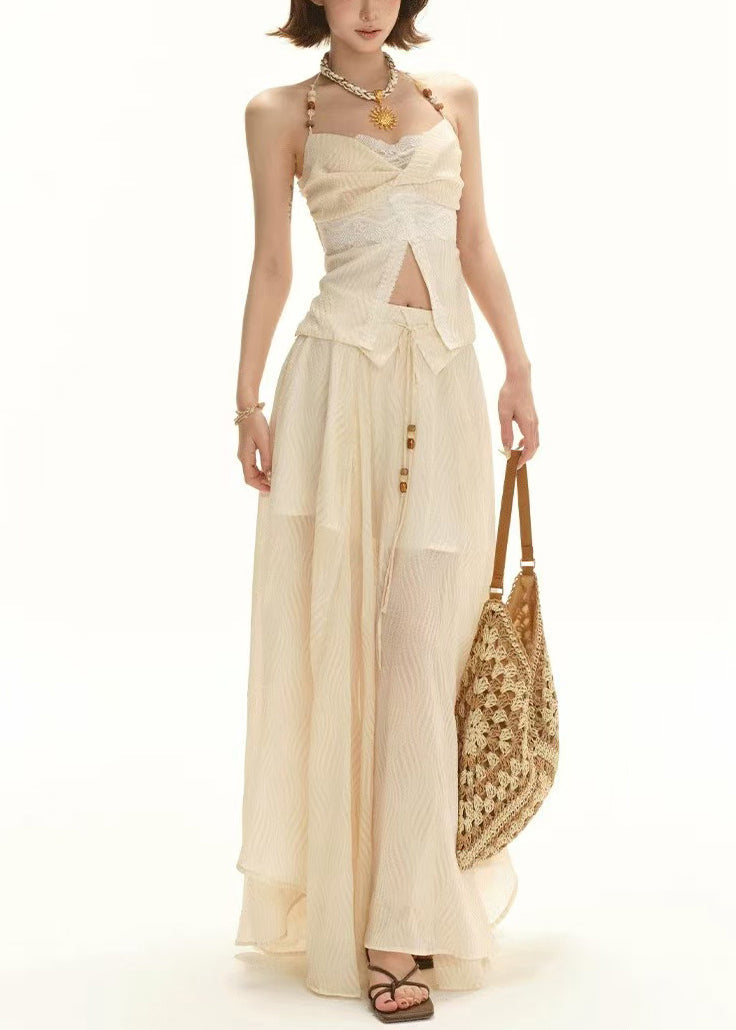 Elegant Apricot Lace Tops And Skirts Patchwork Two Pieces Set Sleeveless