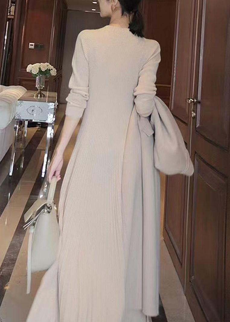 Elegant Apricot O Neck Knit Long Sweater Winter