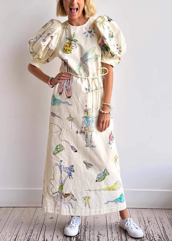 Elegant Apricot Print Lace Up Pockets Linen Long Dress Lantern Sleeve