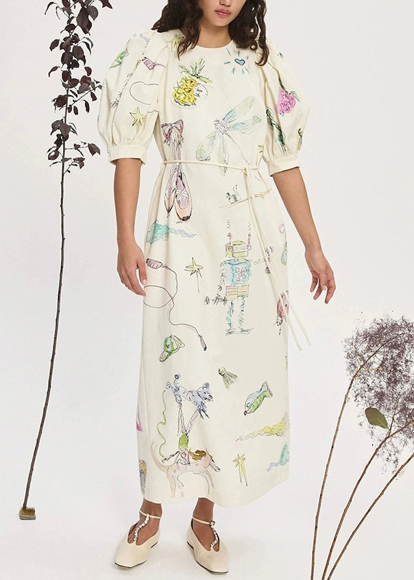 Elegant Apricot Print Lace Up Pockets Linen Long Dress Lantern Sleeve