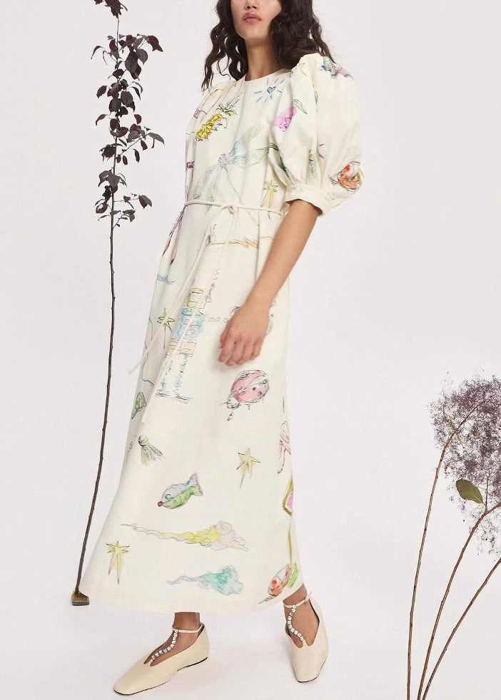 Elegant Apricot Print Lace Up Pockets Linen Long Dress Lantern Sleeve