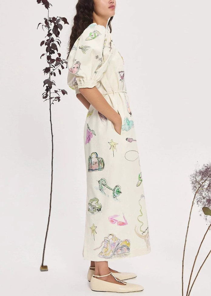 Elegant Apricot Print Lace Up Pockets Linen Long Dress Lantern Sleeve