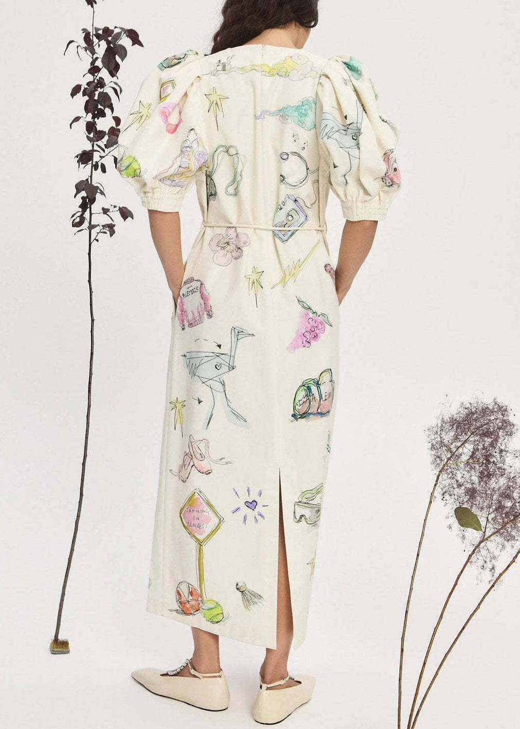 Elegant Apricot Print Lace Up Pockets Linen Long Dress Lantern Sleeve