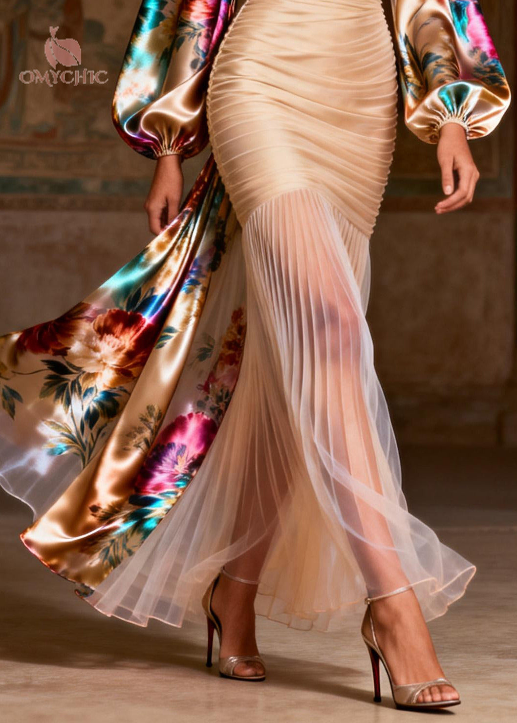 Elegant Apricot Print Patchwork Chiffon Pleated Dress Summer