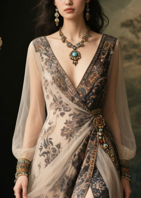 Elegant Apricot Print Side Open Chiffon Party Dress Summer