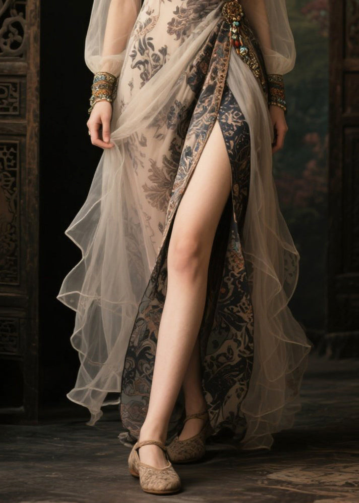 Elegant Apricot Print Side Open Chiffon Party Dress Summer