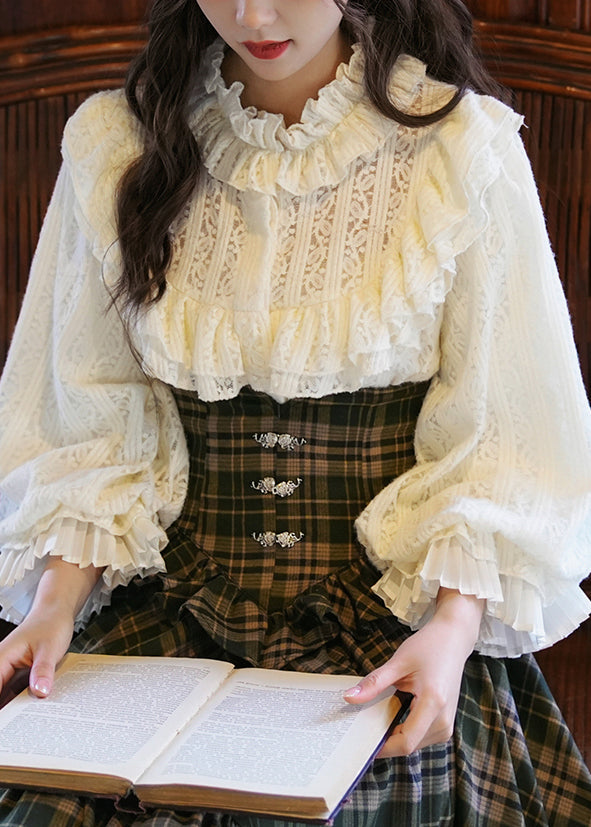 Elegant Apricot Ruffled Lace Shirt Lantern Sleeve
