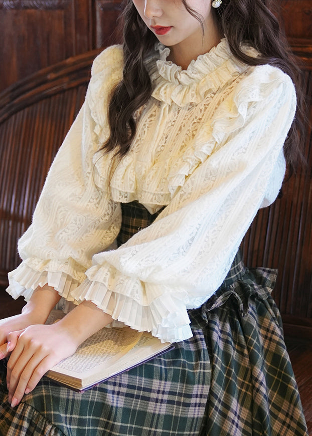 Elegant Apricot Ruffled Lace Shirt Lantern Sleeve