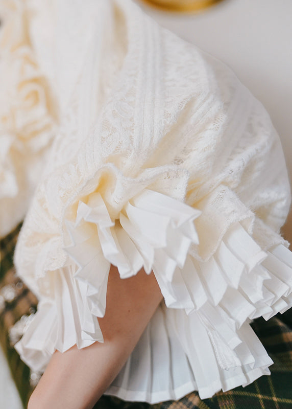 Elegant Apricot Ruffled Lace Shirt Lantern Sleeve