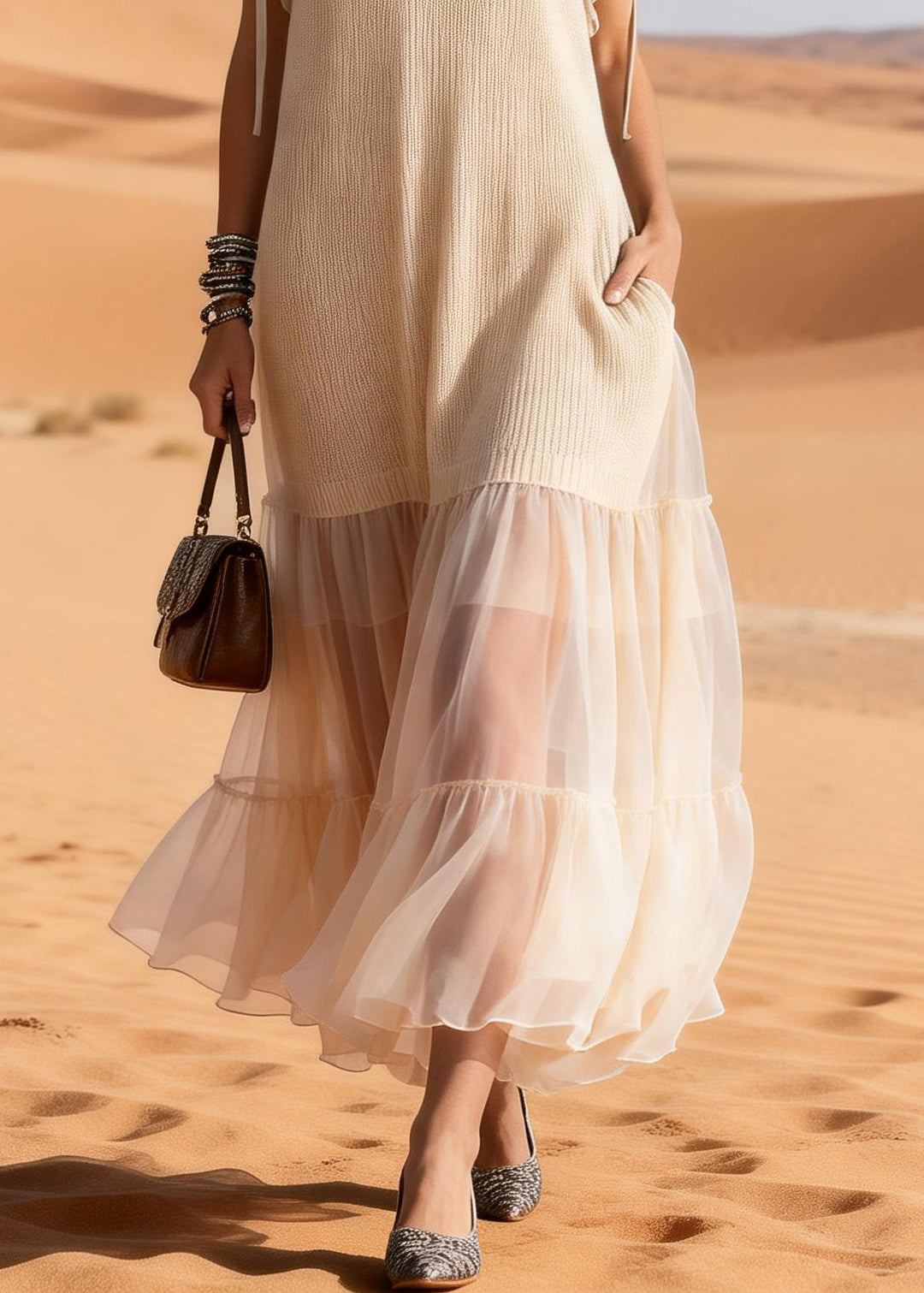 Elegant Apricot Ruffled Tulle Patchwork Knit Maxi Dress Summer