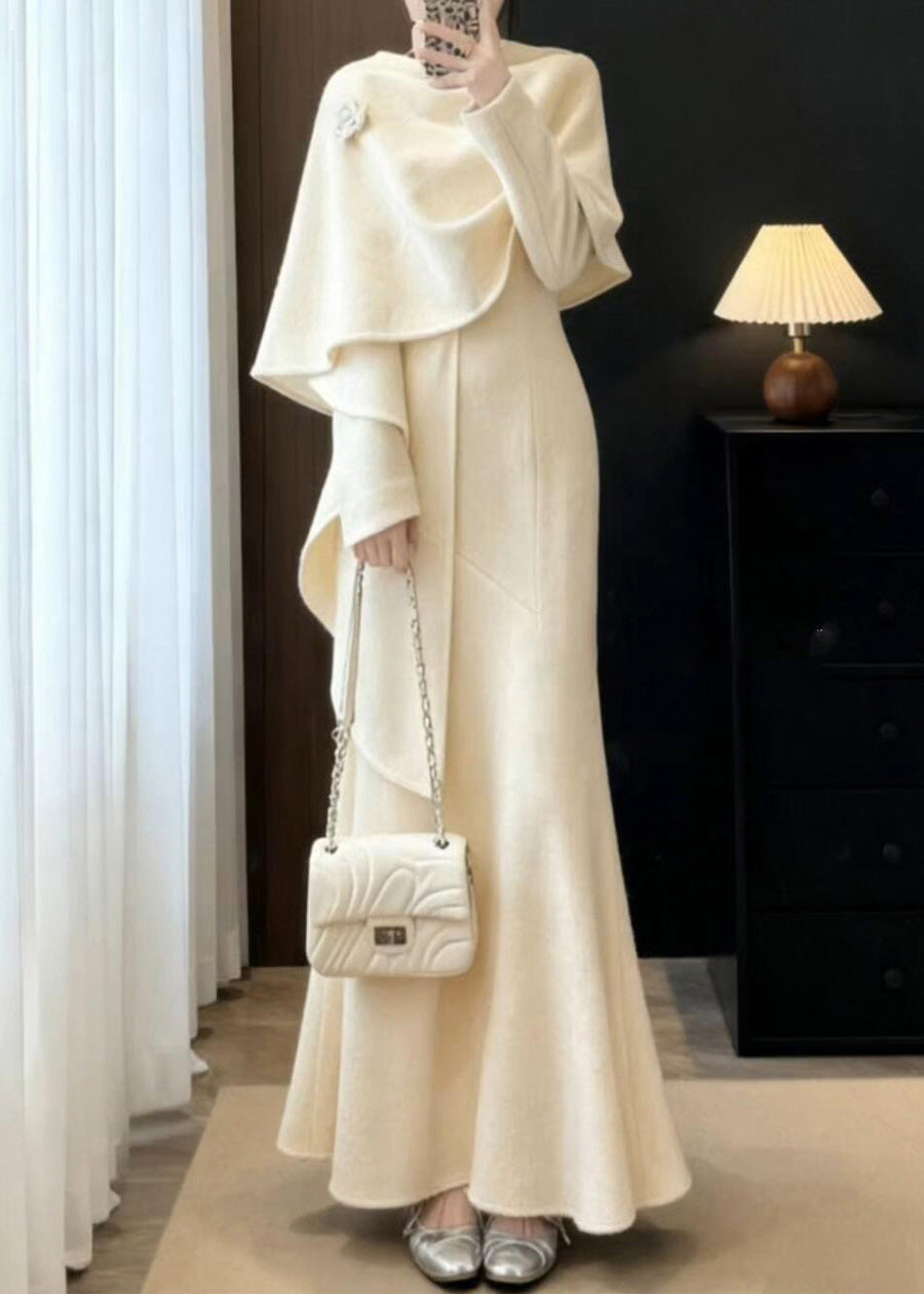 Elegant Apricot Shawl And Maxi Dresses Two Pieces Set Fall