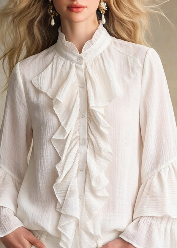 Elegant Apricot Stand Collar Ruffled Button Cotton Shirt - Omychic